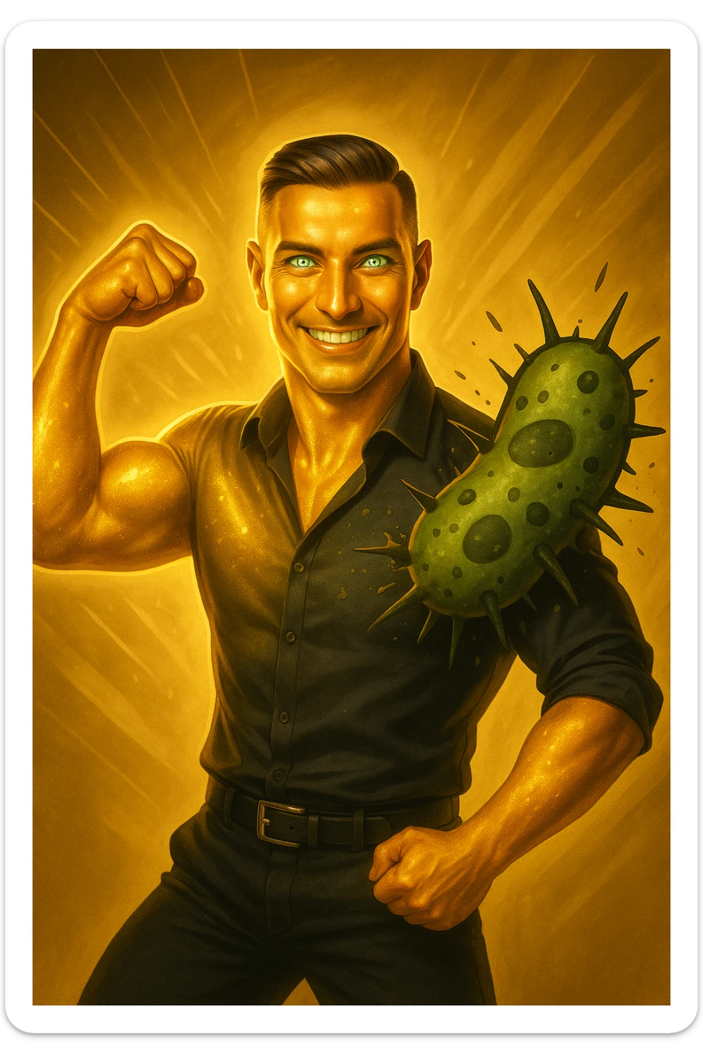 Un uomo atletico (30-40 anni) dalla pelle perfettamente liscia, senza cicatrici o imperfezioni, che emana un leggero bagliore dorato (metafora degli anticorpi).
Occhi brillanti con riflessi blu-verdi (simbolo di salute estrema).
Postura eroica, con un braccio sollevato in un gesto di forza, mentre con l'altro tiene un batterio gigante schiacciato come se fosse un mostro sconfitto. sticker