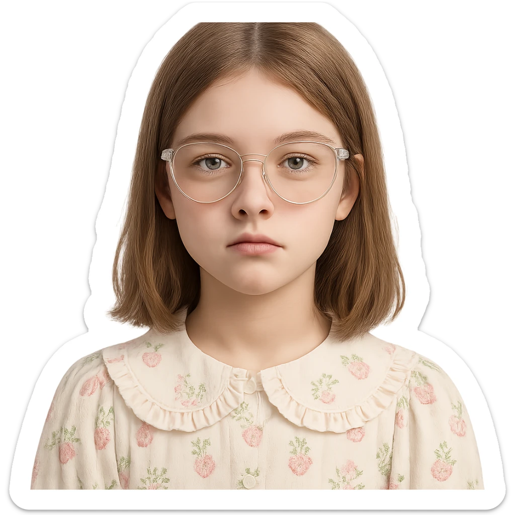 teen girl with clear glasses, shoulder length light brown hair, cute core style, neutral expression, no smile sticker