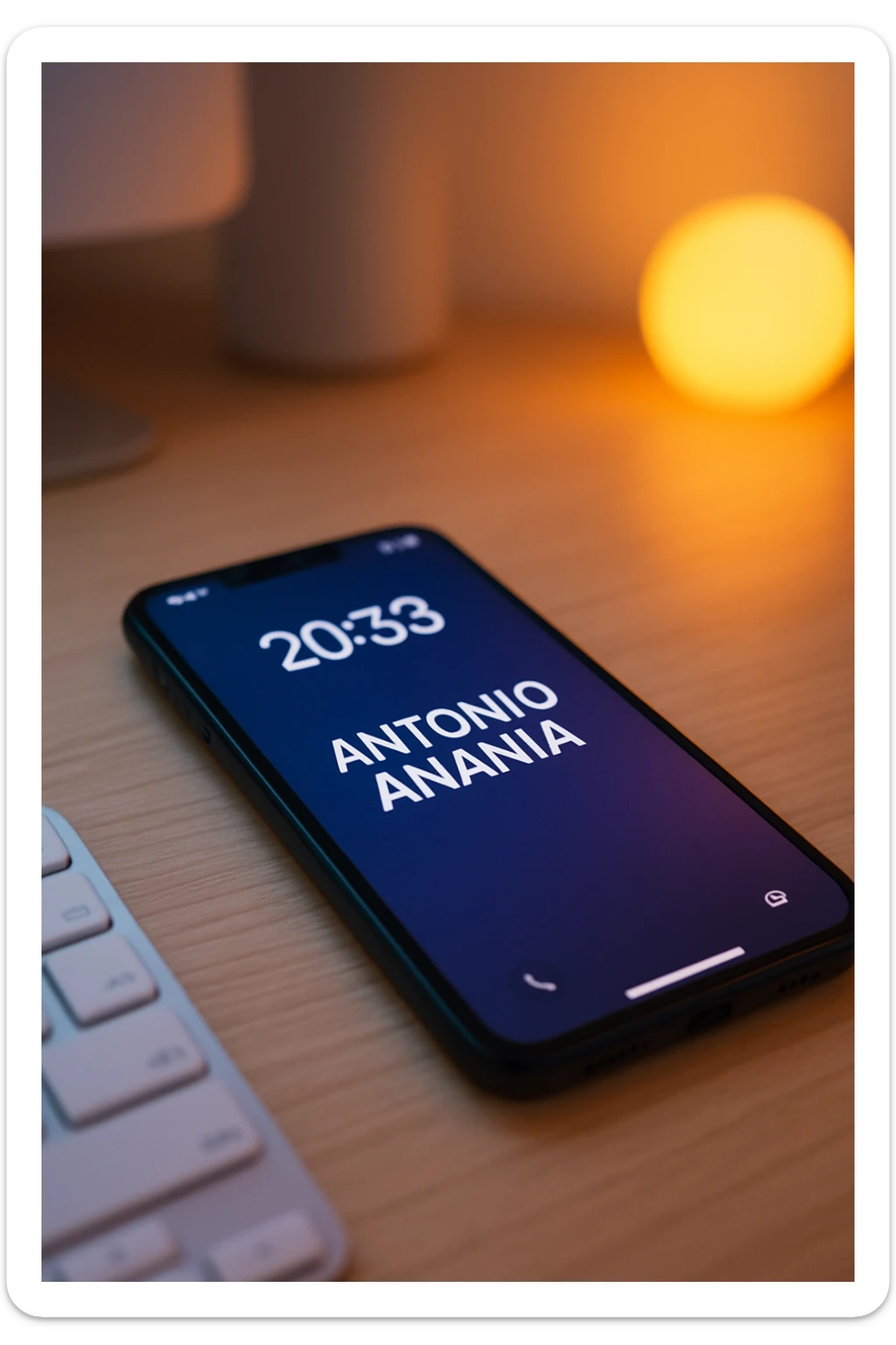 A photo of an iPhone on the desk with the message "Antonio Anania" on its screen, The phone sits atop a desk with a blurred background that suggests work environment. A faint glow from above casts gentle shadows across the surface of each object, creating depth and highlighting their textures sticker