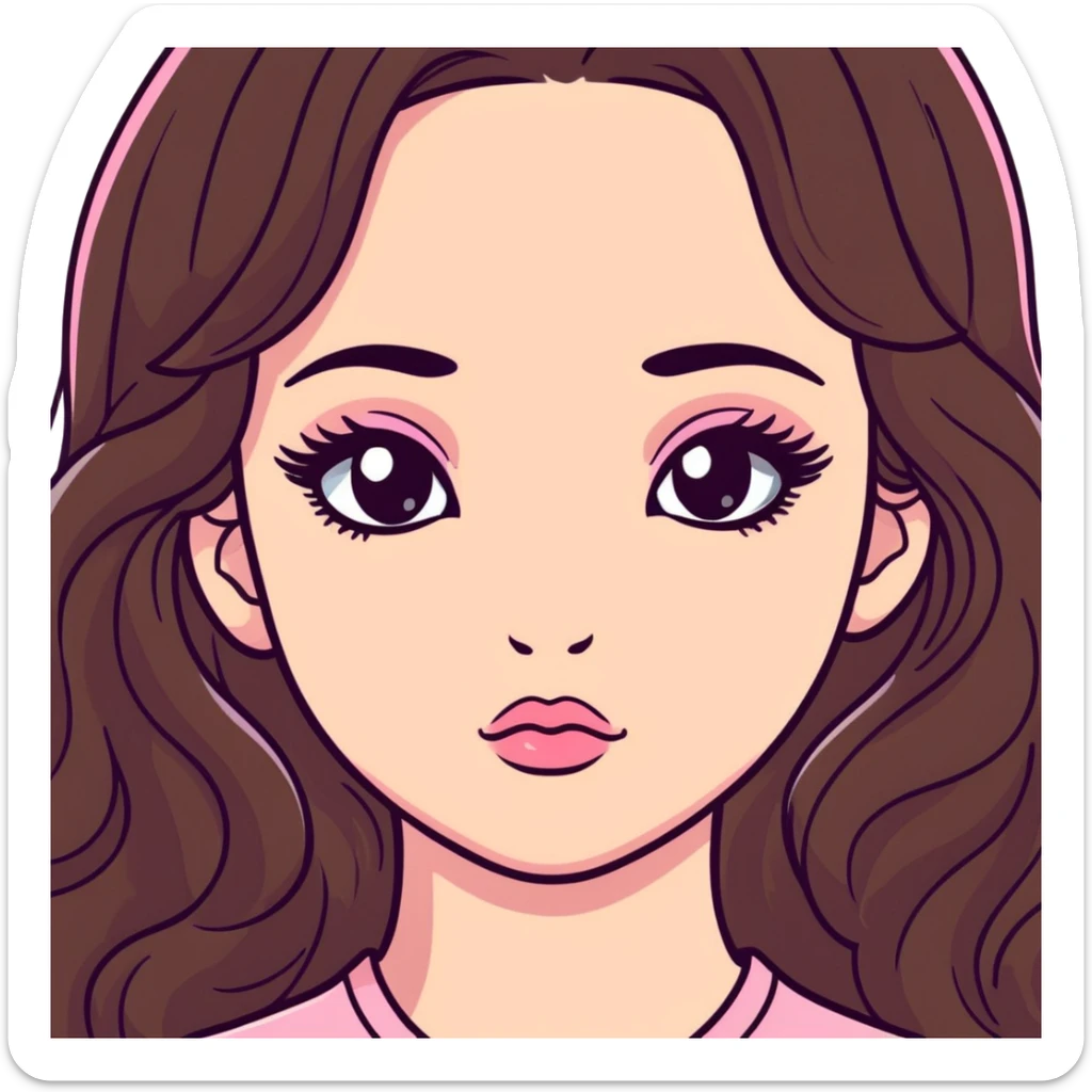 girl with light wheatish skin, dark brown long wavy hair, pouty shiny lips with berry lip gloss, large eyes with eyelashes, pink blush on cheeks, inner eye highlighted with white eyeliner, button nose sticker
