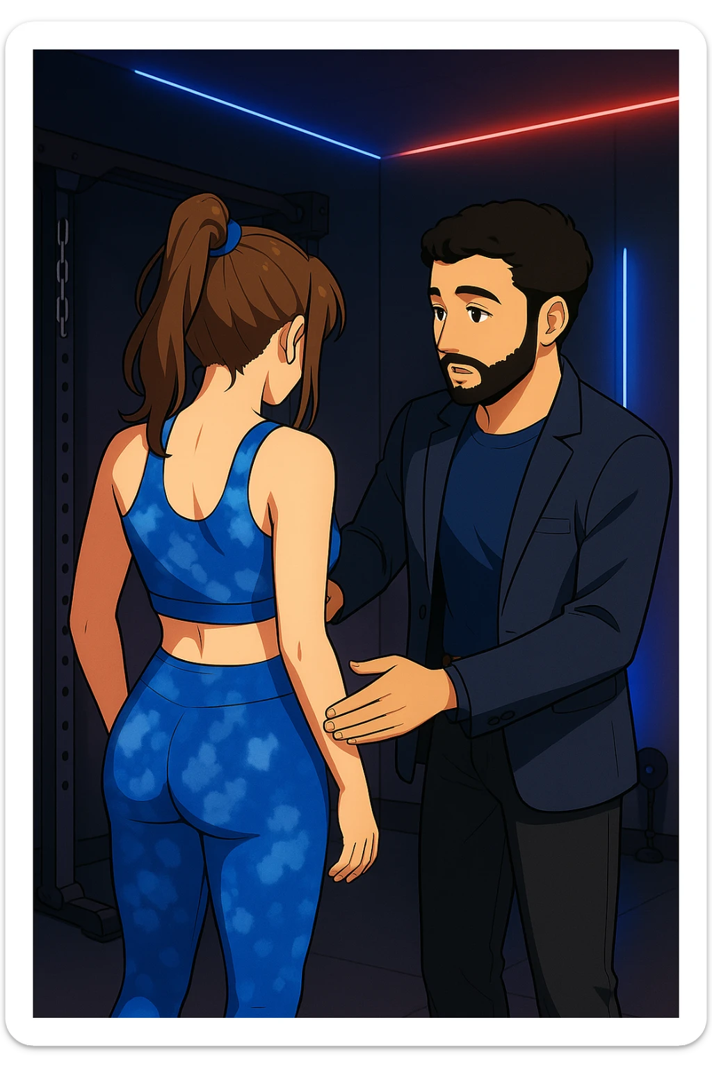 ispirati a questo stile di disegno e fai questa immagine in versione manga/webtoon a colori, il manga mostra la donna di spalle, mentre l'uomo le tocca la spina dorsale per spiegarle come funziona la scoliosi:
Con una scoliosi il baricentro corporeo cade maggiormente da un lato; per non cadere la schiena compensa accumulando tensione sul fianco opposto.
Il risultato? Si inclina e ruota sempre più, fino a che non cede (discopatie, artrosi, ecc) sticker