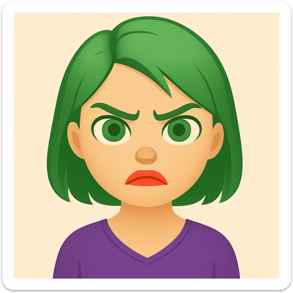 Edit the image of a girl with green hair and angry expression to have green eyes and coral lipstick in an emoji style. sticker