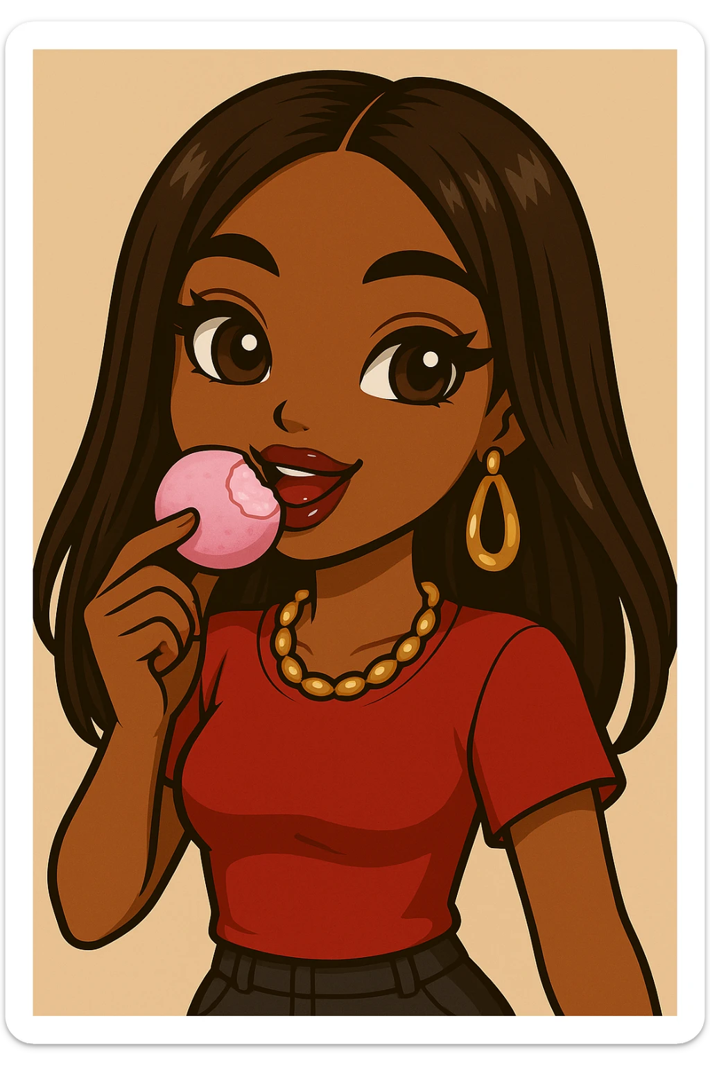 Change the pose to eating pink mochi ice cream, headshot only, 20-year-old anime Bratz style woman with dark skin, straight hair, brown eyes, red shirt, trendy outfit, glossy lips, no hat, no tears, happy expression, both eyes open, looking straight ahead. sticker