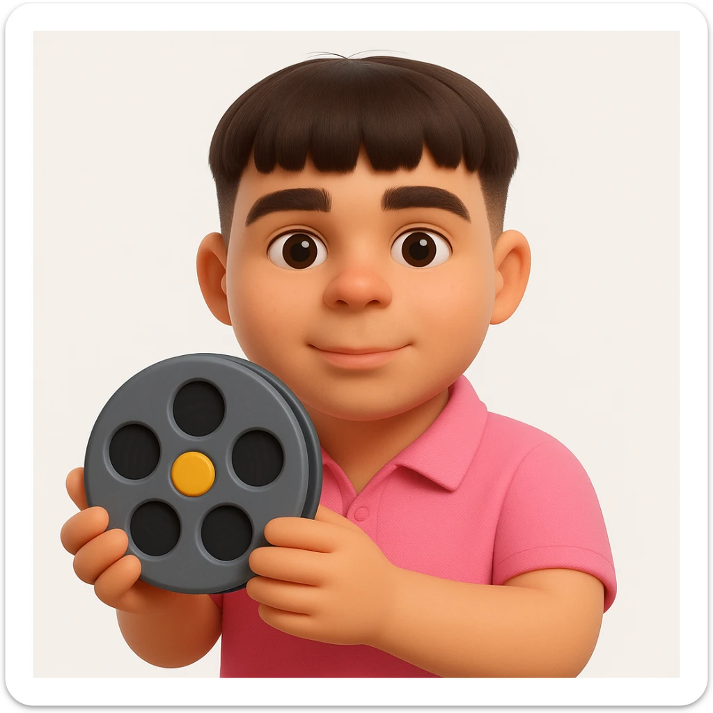 Create a 3D emoji style image of this person holding a cinema symbol such as a film reel or clapperboard. The style should resemble Microsoft style 3D fluent emojis with smooth, rounded shapes and vibrant colors. Focus on capturing the person's likeness and the cinema symbol in a clear and playful 3D emoji form. sticker