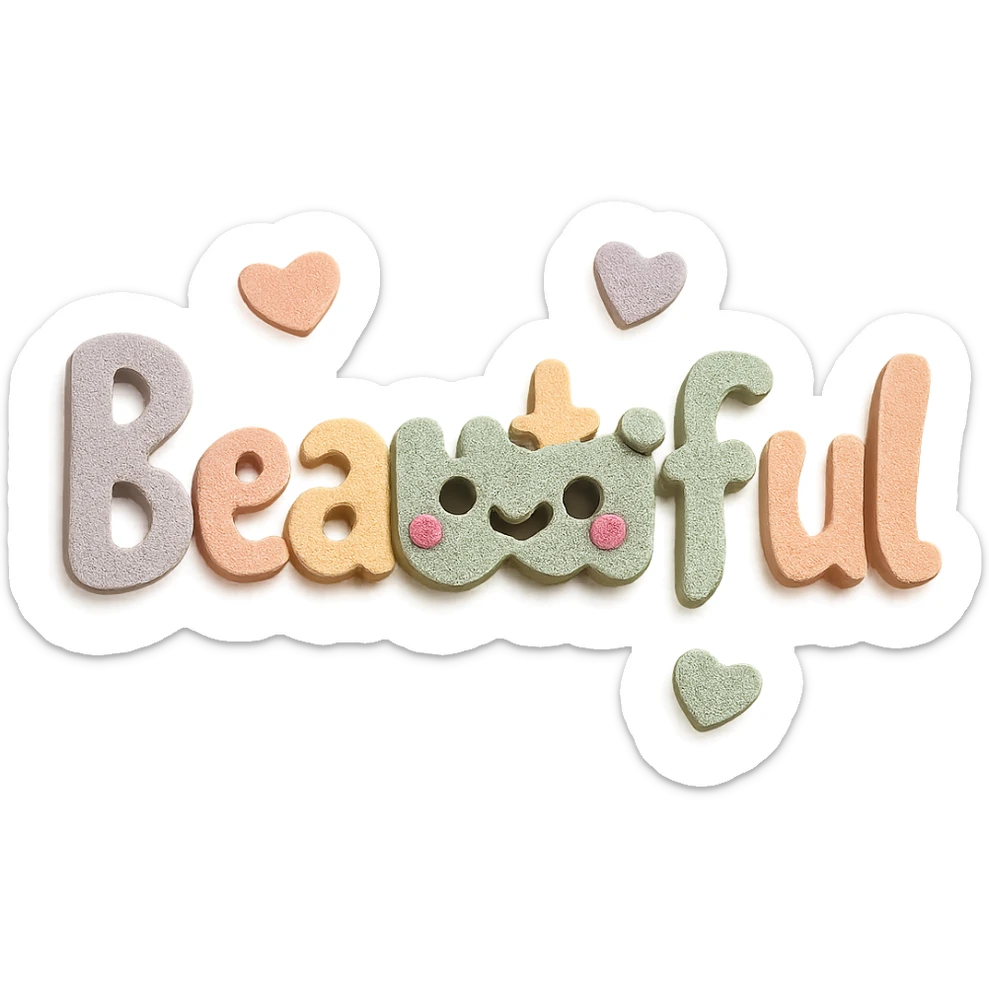Add a cute kawaii face and tiny pastel hearts to the text, keep the 3D paper-craft effect, no outline, transparent background sticker