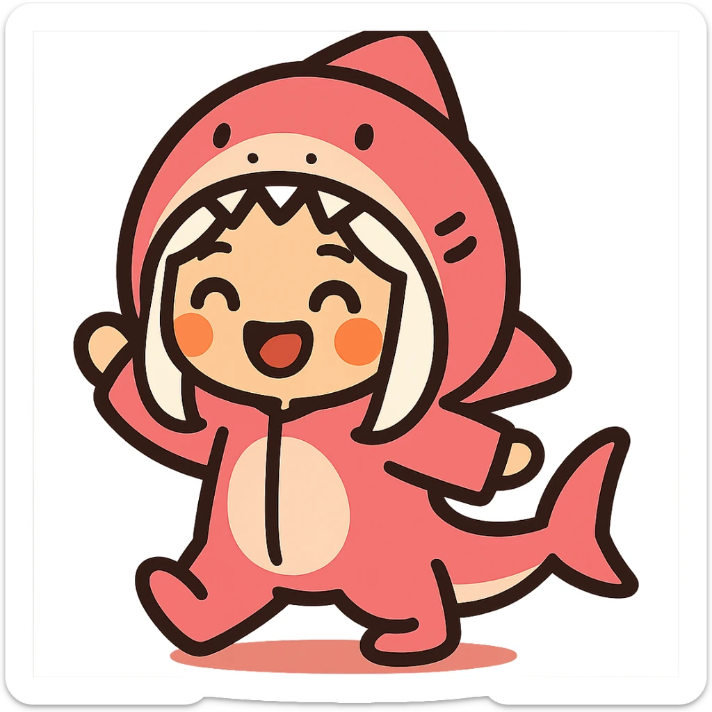 cute cartoon style girl with white hair wearing a pink shark onesie, very cute happy expression sticker