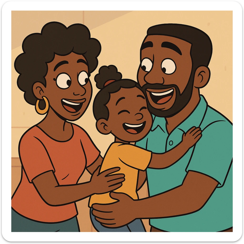 African parents, vibrant clothing, expressive faces, family scene, cartoon style sticker