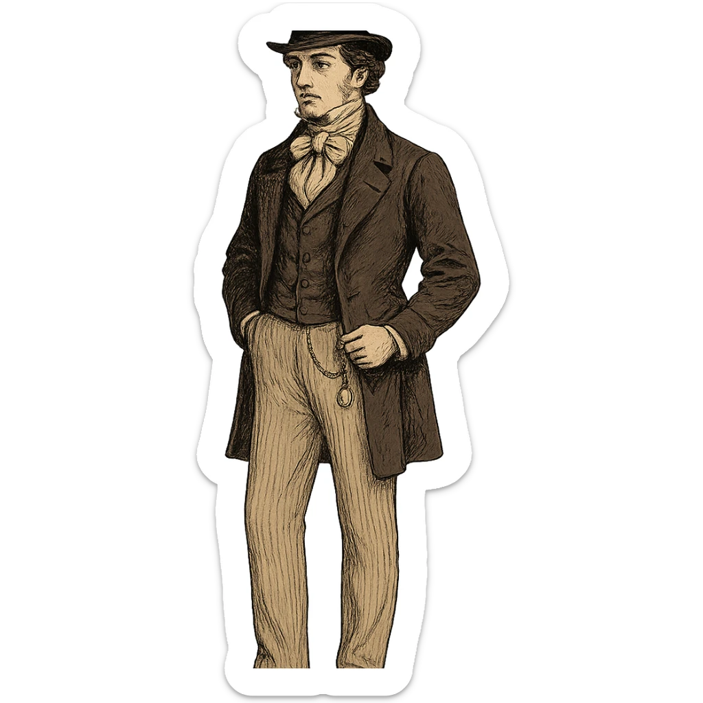 19th century gentleman standing, top hat, cravat, pocket watch, elegant shoes, full body, no background, stylized illustration sticker