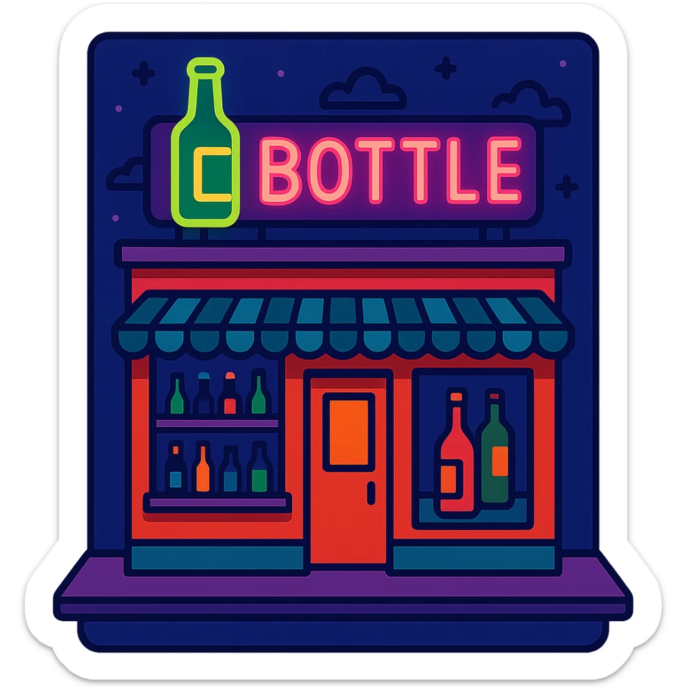 bottle shop, exterior view, neon sign, night scene, vibrant colors, cartoon style sticker