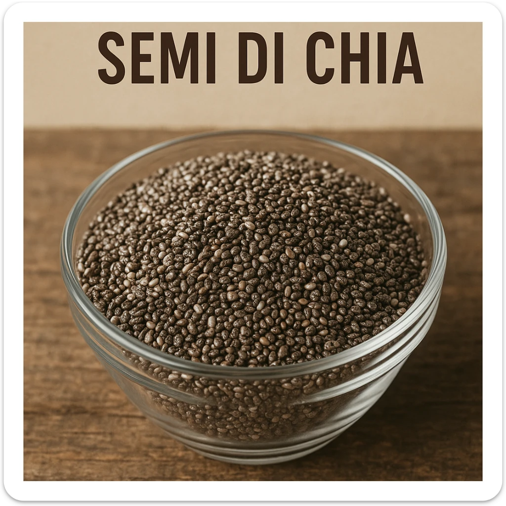 photo realistic chia seeds in a transparent bowl with the text 'semi di chia' in Italian sticker