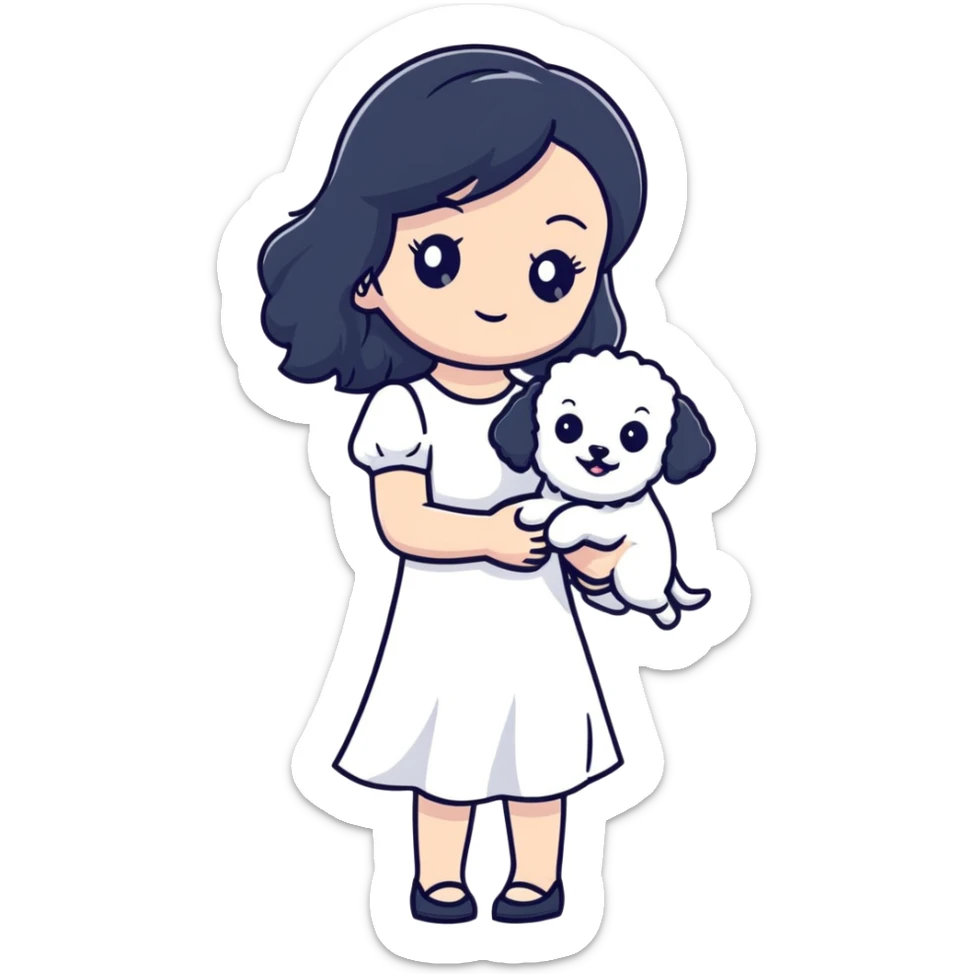 A beautiful girl with long black hair wearing a white dress holds a small white Bichon Frise in her arms sticker