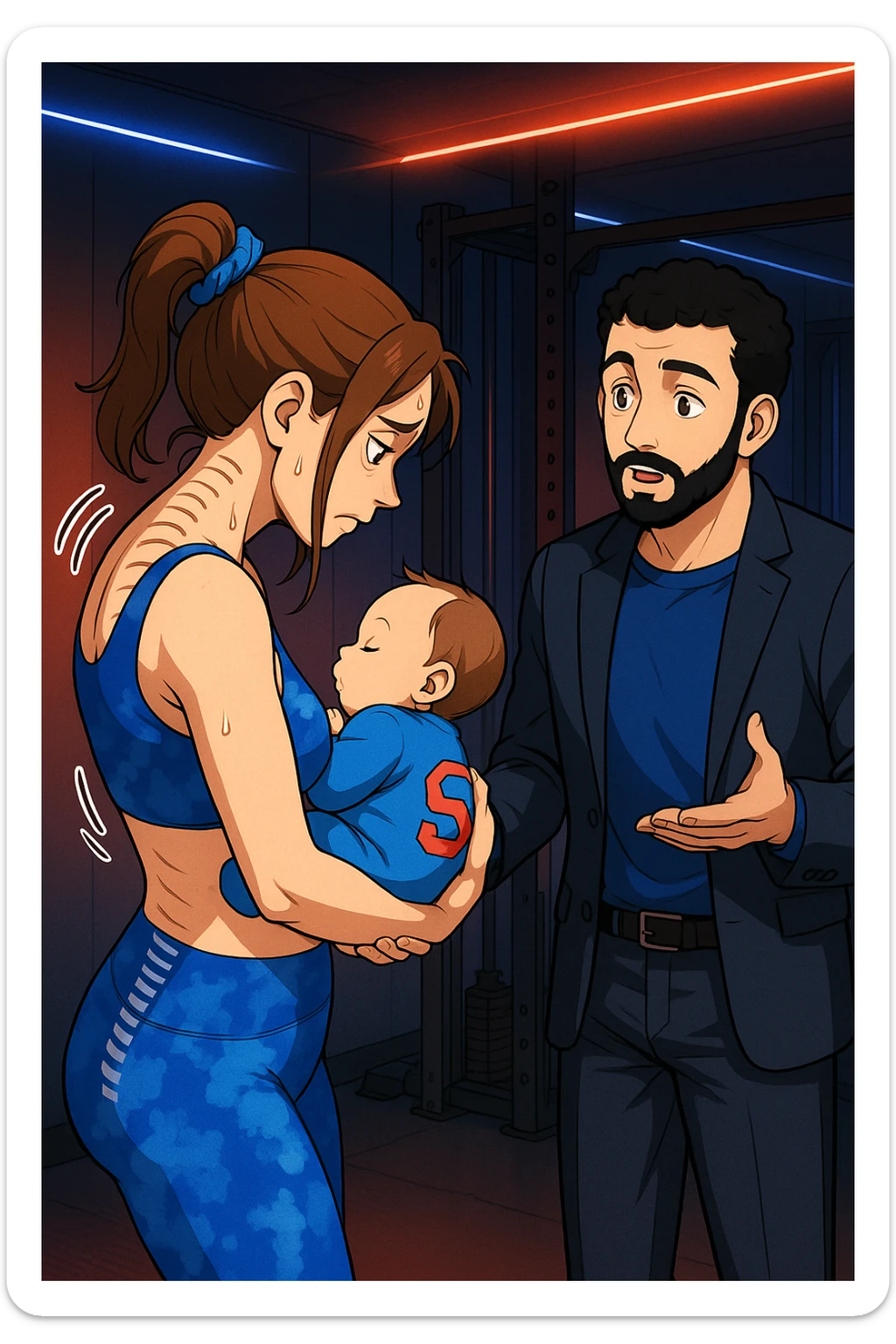 ispirati a questo stile di disegno e fai questa immagine in versione manga/webtoon a colori, il manga mostra la donna preoccupata di profilo con la postura sbagliata e incurvata, spalle chiuse e curve in avanti, con un neonato in braccio con una tutina azzurra e la scritta "S" sulla schiena, spina dorsale storta della donna in evidenza mentre ascolta l'uomo mentre l'uomo gli sta spiegando una cosa, ma non fare i fumetti, fai come se stessero parlando sticker
