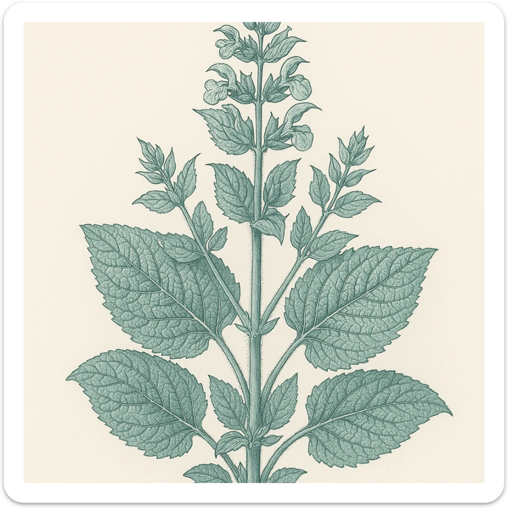 clary sage plant, bluey green color, detailed leaves, botanical style, highly detailed, realistic botanical illustration sticker