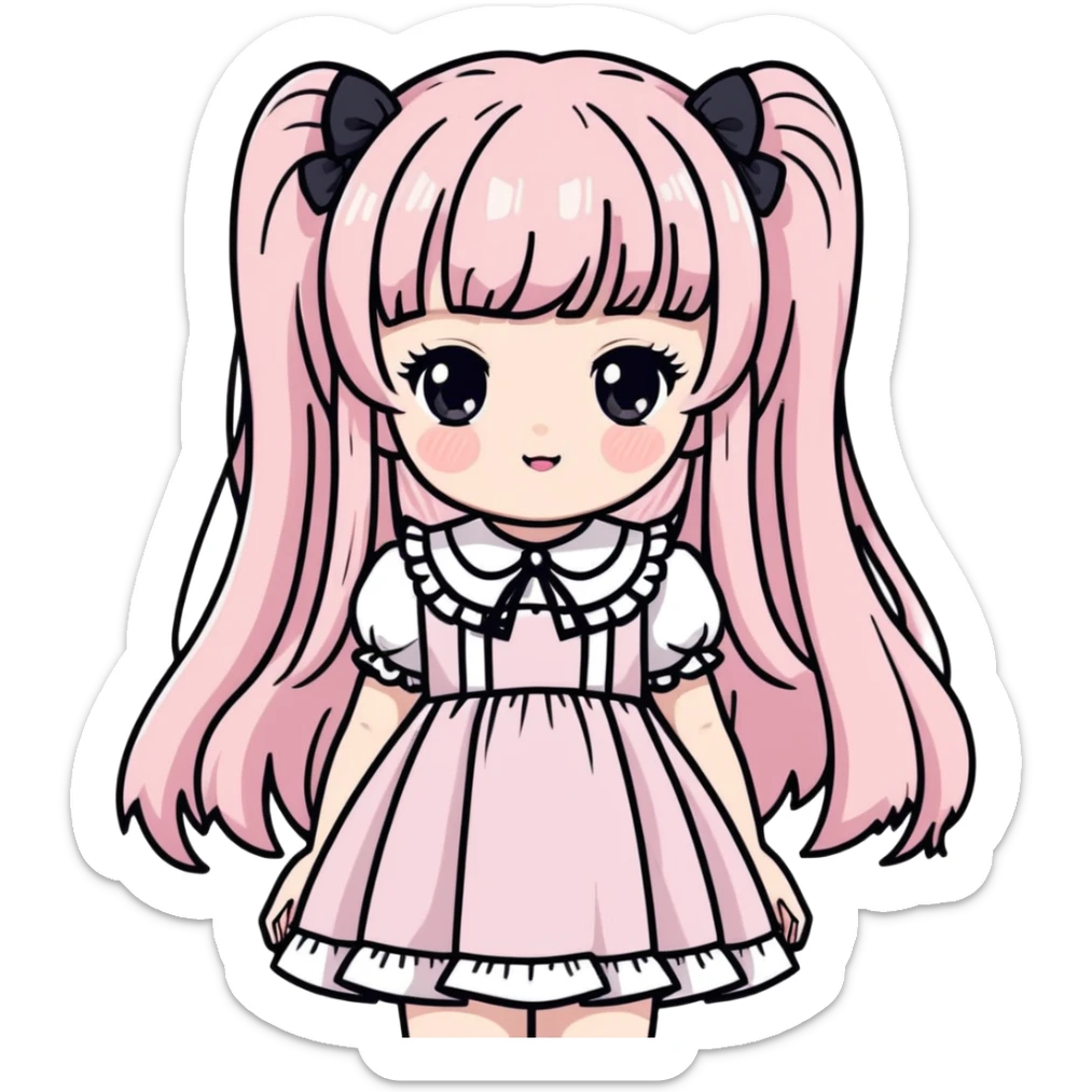 pale girl with straight long black and baby pink swirled hair with bangs, grey eyes, doll-like makeup, wearing a light pink lolita hime gyaru dress, sticker style sticker