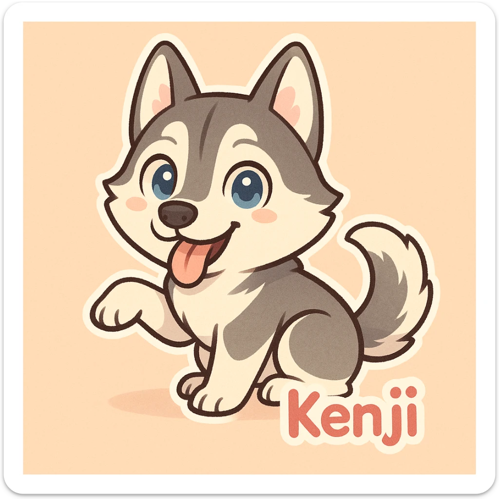 Create a chibi sticker of a playful Husky dog inspired by the right dog in the reference photo. Include the name 'Kenji' in a cute font. Use a simple background suitable for chibi stickers style. sticker