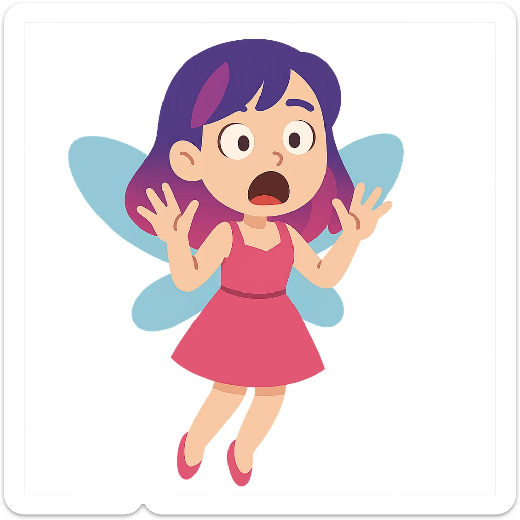 flat toon style white girl with purple and pink hair, shocked fairy expression sticker