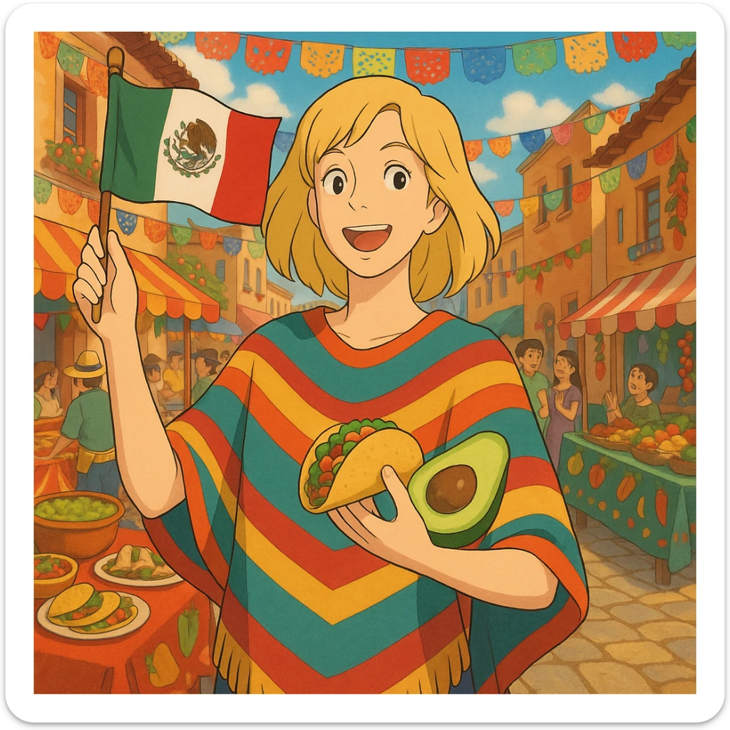 ghibli style cartoon of a tall blonde woman in a colorful poncho, smiling, holding a taco and avocado, waving a Mexico flag, festive street party background with food and decorations sticker