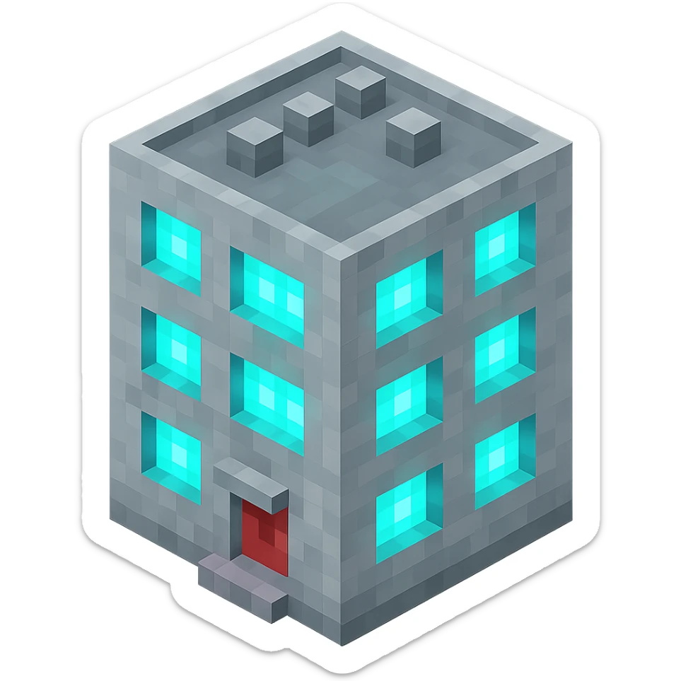 Russian panel apartment building, compact square block, light gray, UV glowing windows, isometric view sticker