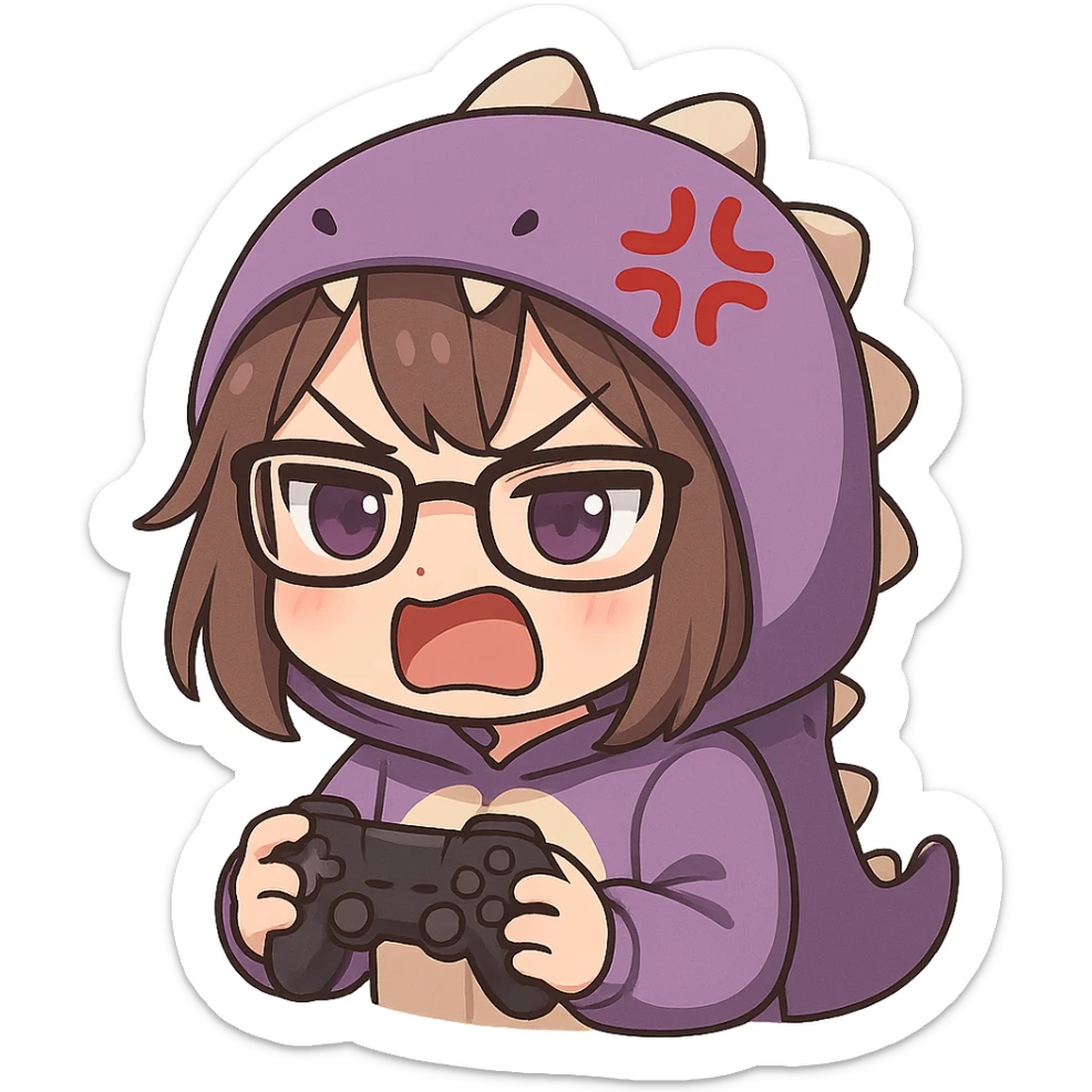 chibi anime style gamer girl with glasses, brown hair, dark purple eyes, wearing a purple dinosaur costume, making a rage emote sticker