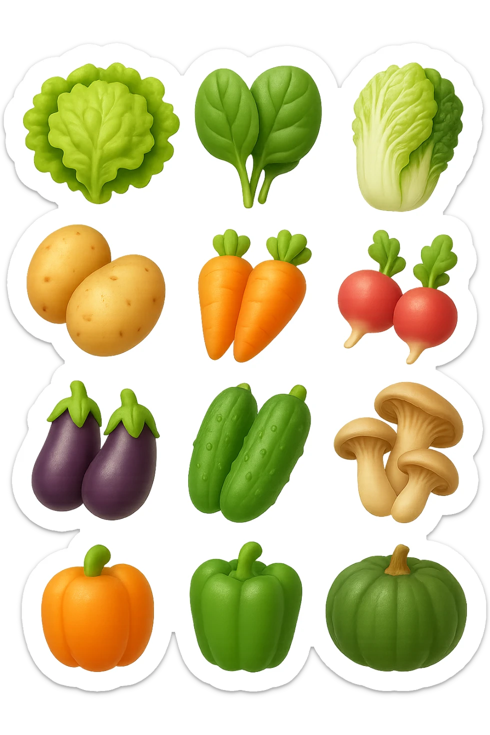 emoji stile iphone 3d di Lattuga, spinaci, cavolo cinese, cavolo nero
Patate, carote, rape, ravanelli
Melanzane, cetrioli, peperoni verdi
Funghi ostrica
Zucca kabocha
 che fluttuano in aria, iperealistico 4k sticker