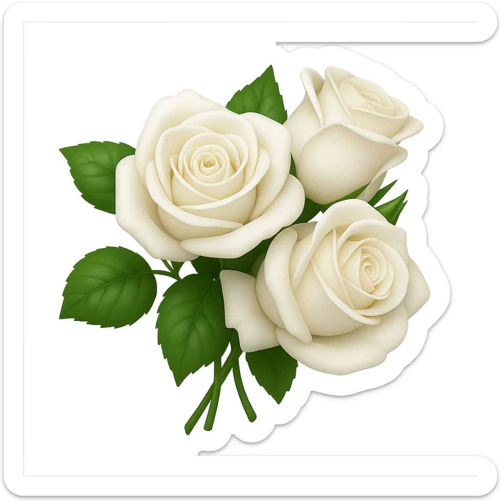 Create a 3D illustration of a bouquet of three white roses with leaves in the style of iOS Apple emojis, featuring volumetric petals and realistic leaves, on a transparent square background. The style should reflect the detailed and polished look of Apple emojis with a 3D effect. sticker