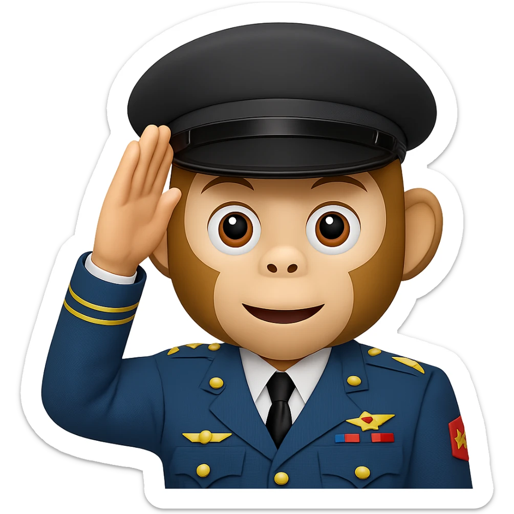 Add a classic military hat to the monkey face performing a military salute in emoji style with transparent background. sticker