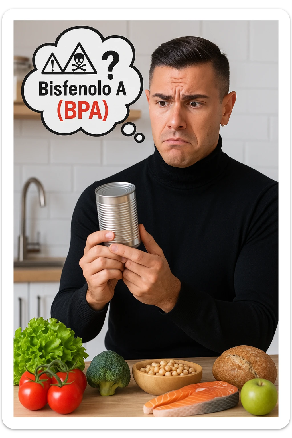 un uomo in cucina tiene in mano una lattina di cibo in scatola, osservandola con un’espressione preoccupata e scettica. Sopra la lattina, una nuvoletta di pensiero mostra la scritta “Bisfenolo A (BPA)” evidenziata in rosso, insieme a simboli di allarme o un punto interrogativo. Sullo sfondo, alimenti freschi e naturali sono visibili sul tavolo, sottolineando la sua preferenza per alternative più sane. sticker