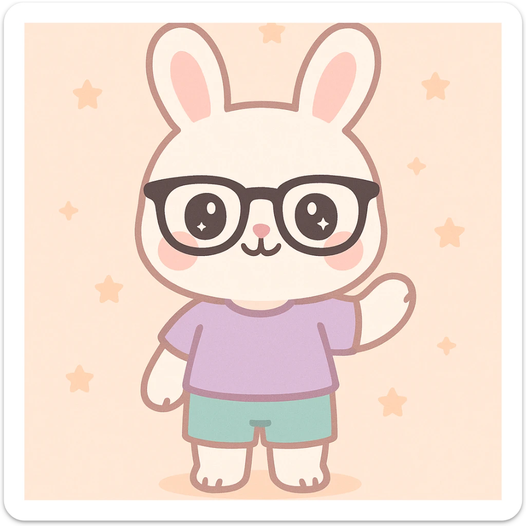 conejo blanco kawaii de pie, gafas RayBan, ropa casual cool, sin zapatos, sonriendo y haciendo gesto de bienvenida sticker