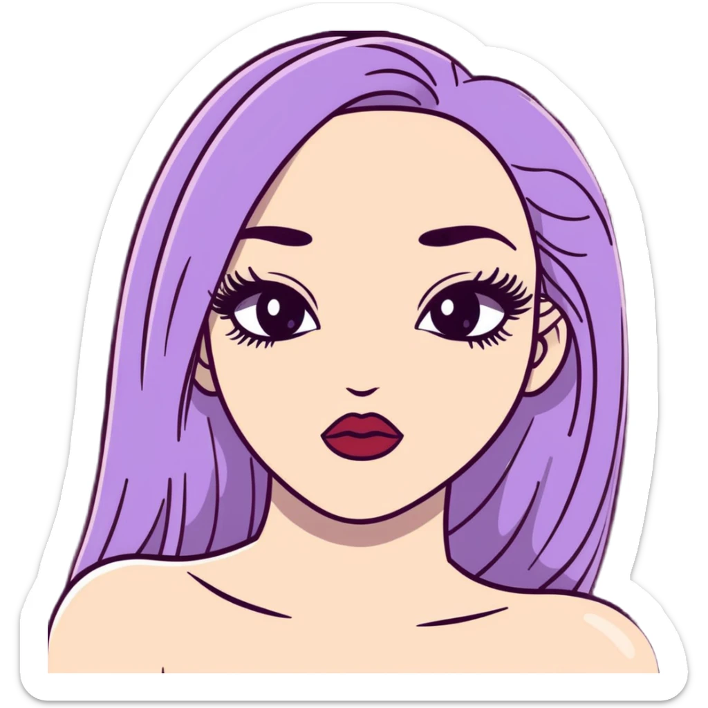 White girl with long oval face, huge round black eyes, big eyelashes, heather berry colored lips, shiny full lips, face closeup with bare shoulders, long straight middle-parted hair sticker