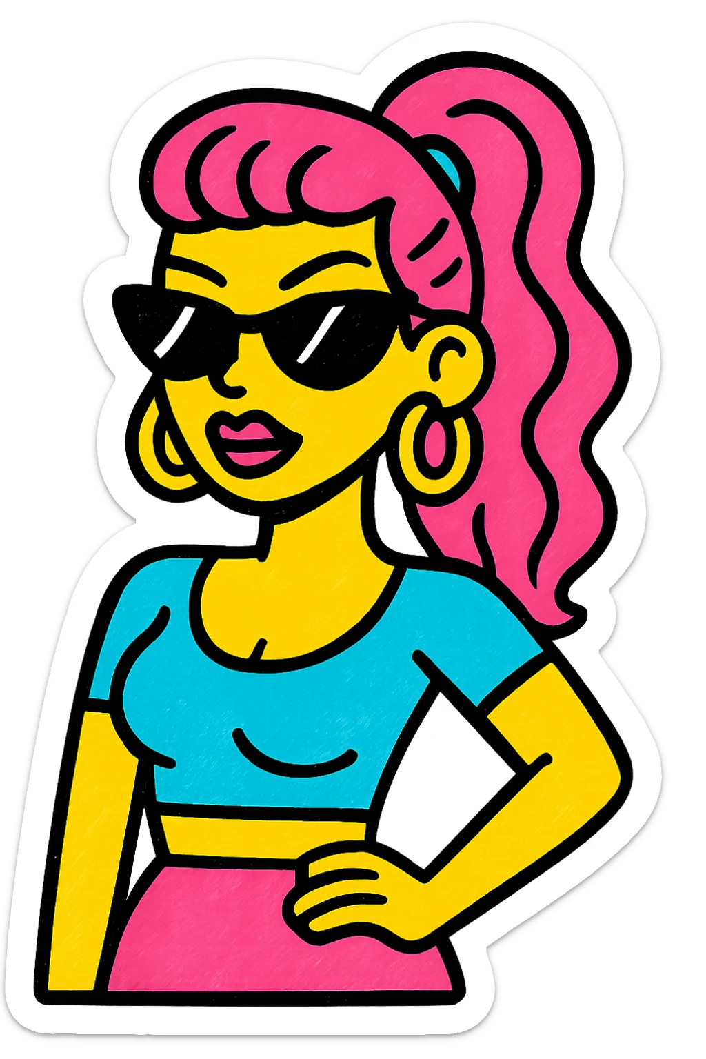 a sexy girl, confident and cool, wearing sunglasses, urban vibe, pop art style sticker