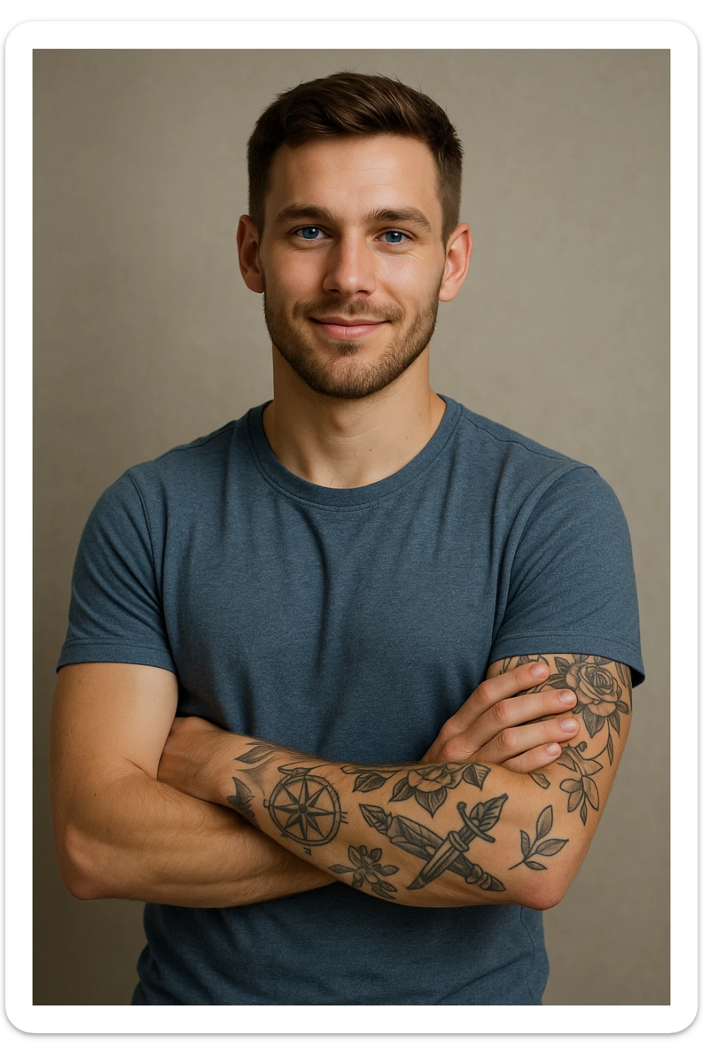 A 25-year-old man with blue eyes, brown hair, a short beard, arms crossed, smiling, showing tattoos on his left arm, confident look. sticker