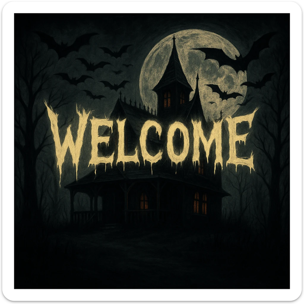 Add the word 'Welcome' in creepy, horror-themed text, integrated into the haunted house at night banner. The text should blend naturally with the spooky atmosphere and eerie lighting of the scene. sticker