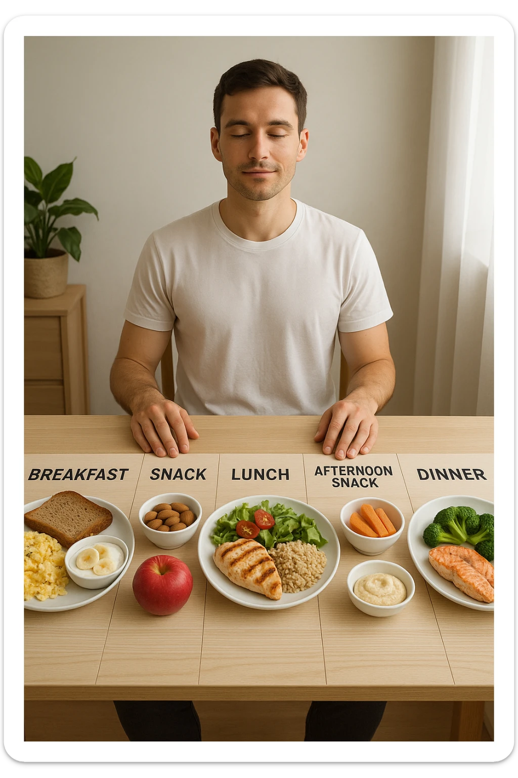 Uomo sereno con fisico sano e asciutto seduto davanti a un grande tavolo diviso in 5 sezioni, ognuna con un pasto bilanciato: colazione, spuntino, pranzo, merenda, cena. Ogni piatto ha porzioni equilibrate di proteine, carboidrati e grassi salutari. Ambiente ordinato, stile di vita sano, luce naturale, atmosfera di consapevolezza nutrizionale. sticker