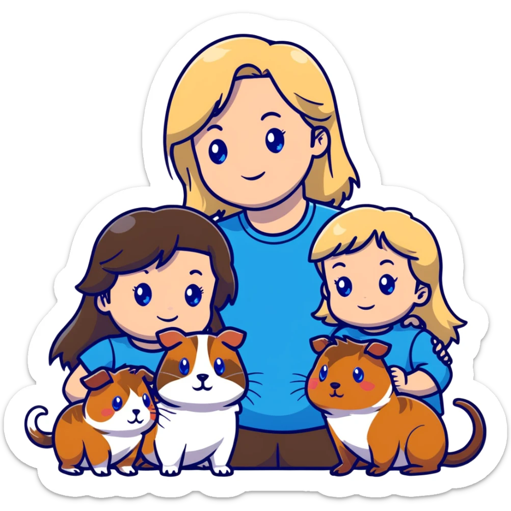 Family portrait with father with dark brown hair and blue eyes, mother with light brown hair and blue eyes, three blonde little girls with blue eyes, plus a grey cat and two guinea pigs sticker