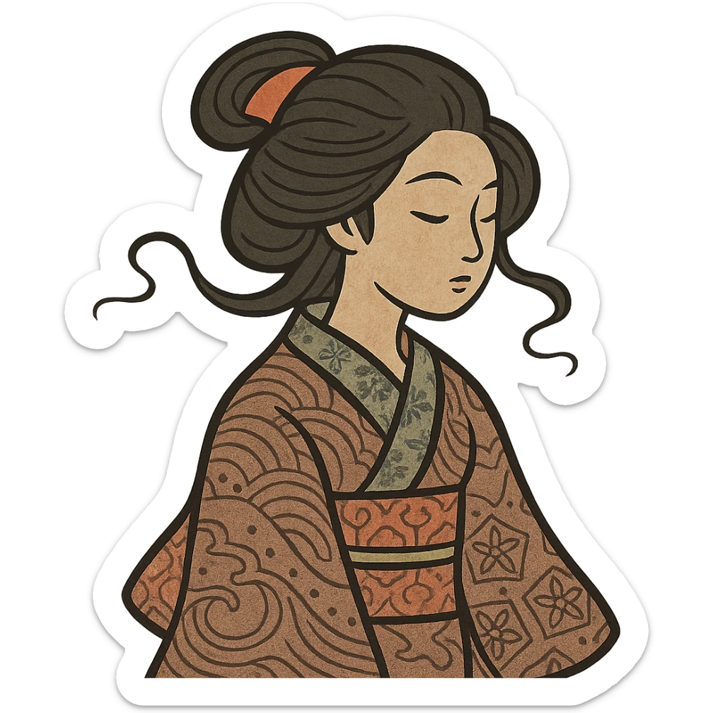 Japanese girl, ukiyo-e inspired style, traditional clothing, stylized lines sticker
