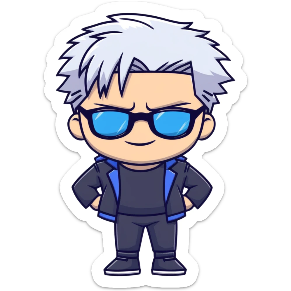 Satoru Gojo from Jujutsu Kaisen, white hair, dark sunglasses, confident smirk, blue eyes, chibi face proportions, energetic expression sticker