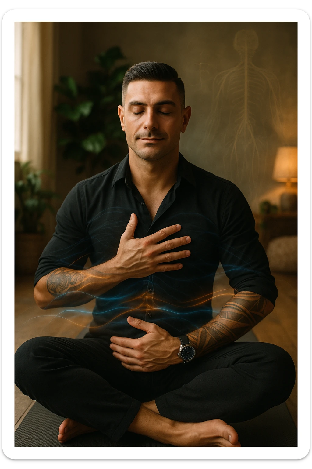 A highly realistic, cinematic portrait of a man in his early 30s with a calm, focused expression, sitting cross-legged on a yoga mat in a softly lit, peaceful room with warm, natural light. His eyes are gently closed as he practices slow, deep breathing, with one hand on his chest and the other on his abdomen, visibly rising and falling, symbolizing diaphragmatic breathing. Subtle blue and warm golden light waves gently swirl around him, visually representing the calming of anxiety, stress, and depressive thoughts. His posture is upright but relaxed, with relaxed shoulders and a slight serene smile on his lips, showing emotional relief and inner calm. The background has green plants and soft textures, evoking a peaceful and healing environment. The style is 35mm hyperrealistic photography with soft depth of field, focusing on his peaceful face and breathing posture, while faint overlays of nervous system diagrams and gentle energy waves hint at the healing power of conscious breathing on the mind and body sticker