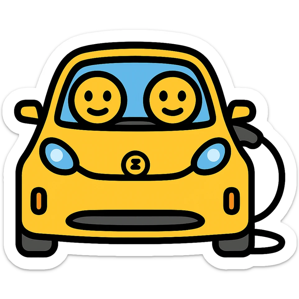 Change the EV car to yellow, keep the big circular eyes and EV charger to the right, with no background. sticker