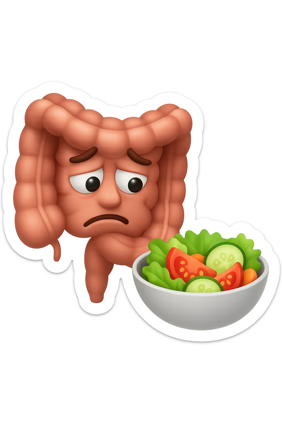 EMOJI STILE IPHONE DI UN INTESTINO UMANO ANATOMICO CHE GUARDA UN INSALATA CON ESPRESSIONE TRISTE E RASSEGNATA IN VOLTO: SOFFRE LA FAME PERCHé è A DIETA, FAGLI ANCHE LA PARTE BIANCA DEGLI OCCHI, NON SOLO LE PUPILLE sticker