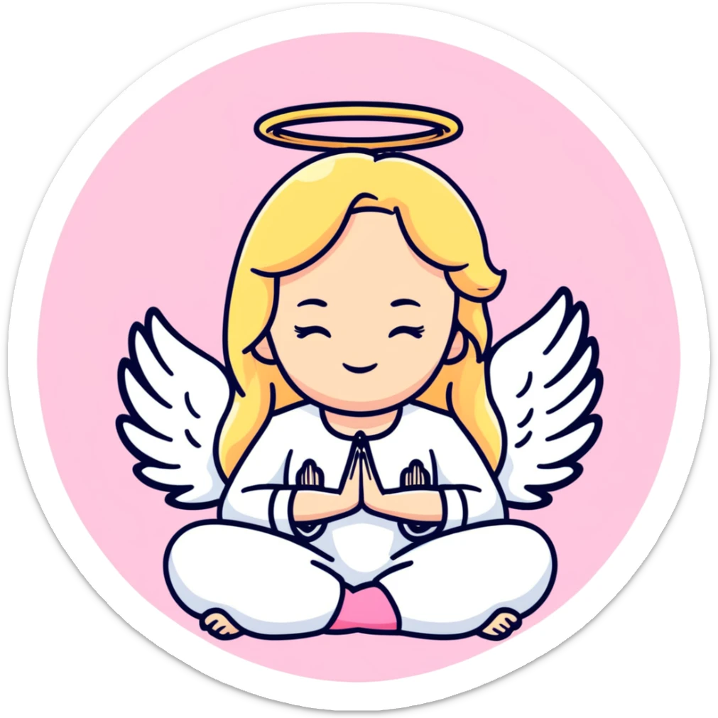 woman with long blonde hair as an angel meditating with pink cufflinks in her hair sticker