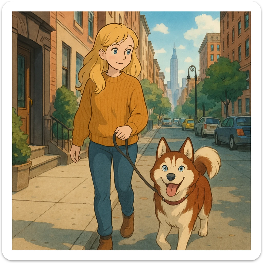 Cute Blonde woman wearing a sweater walking a happy red-brown blue-eyed Siberian husky in New York City on an upper east side city sidewalk  sticker
