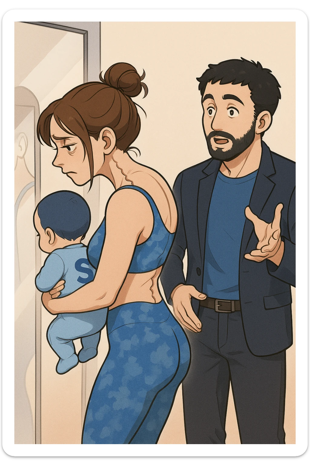 ispirati a questo stile di disegno e fai questa immagine in versione manga/webtoon a colori, il manga mostra la donna che si guarda alla specchio preoccupata di profilo con la postura sbagliata e incurvata, spalle chiuse e curve in avanti, con un neonato in braccio con una tutina azzurra e la scritta "S" blu sulla schiena, spina dorsale storta della donna in evidenza mentre al suo fianco anche l'uomo guarda la donna riflessa nello specchio e le spiega una cosa, ma non fare i fumetti, fai come se stessero parlando sticker