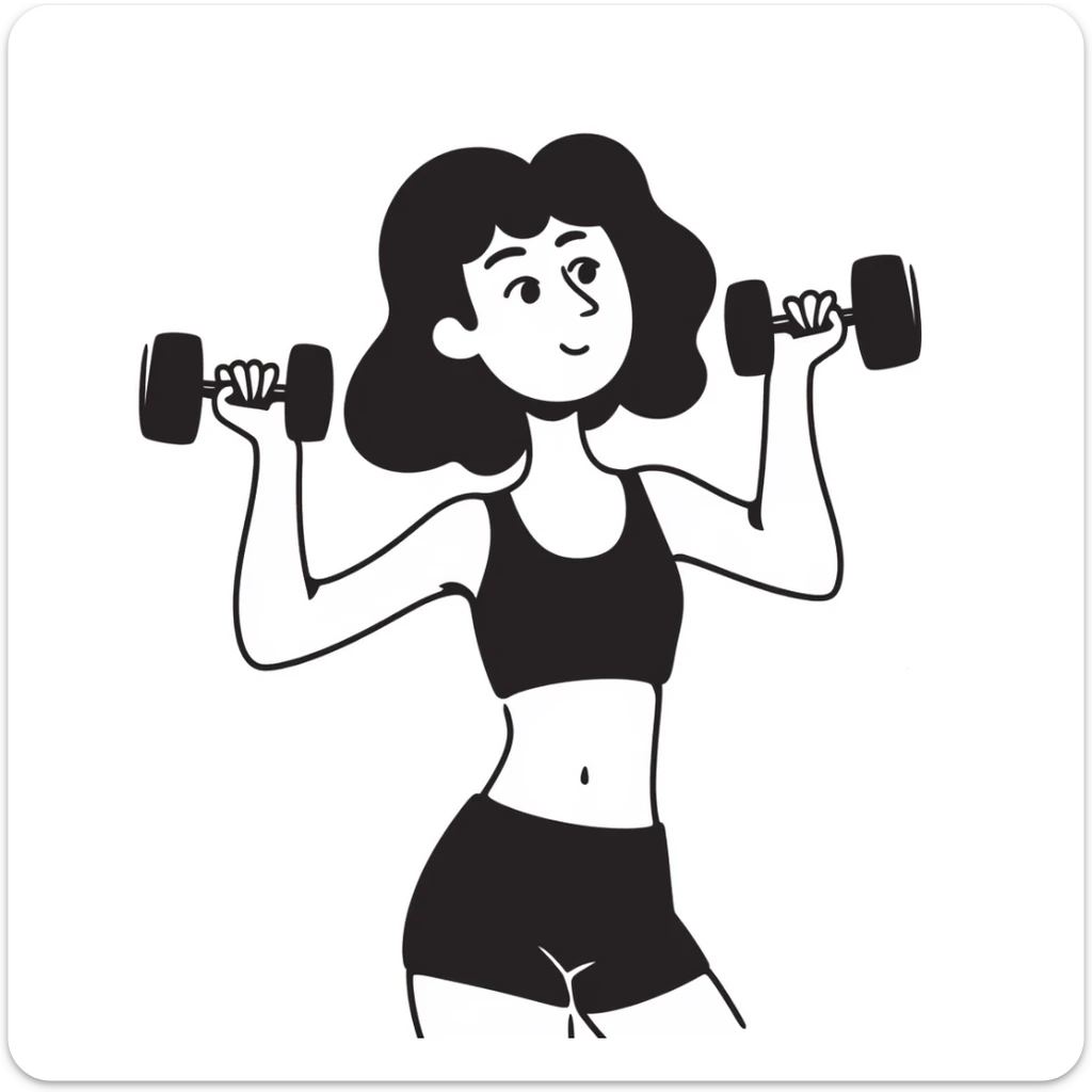 brunette girl in gym wear lifting a dumbbell, hand drawn style, notion style doodle sticker