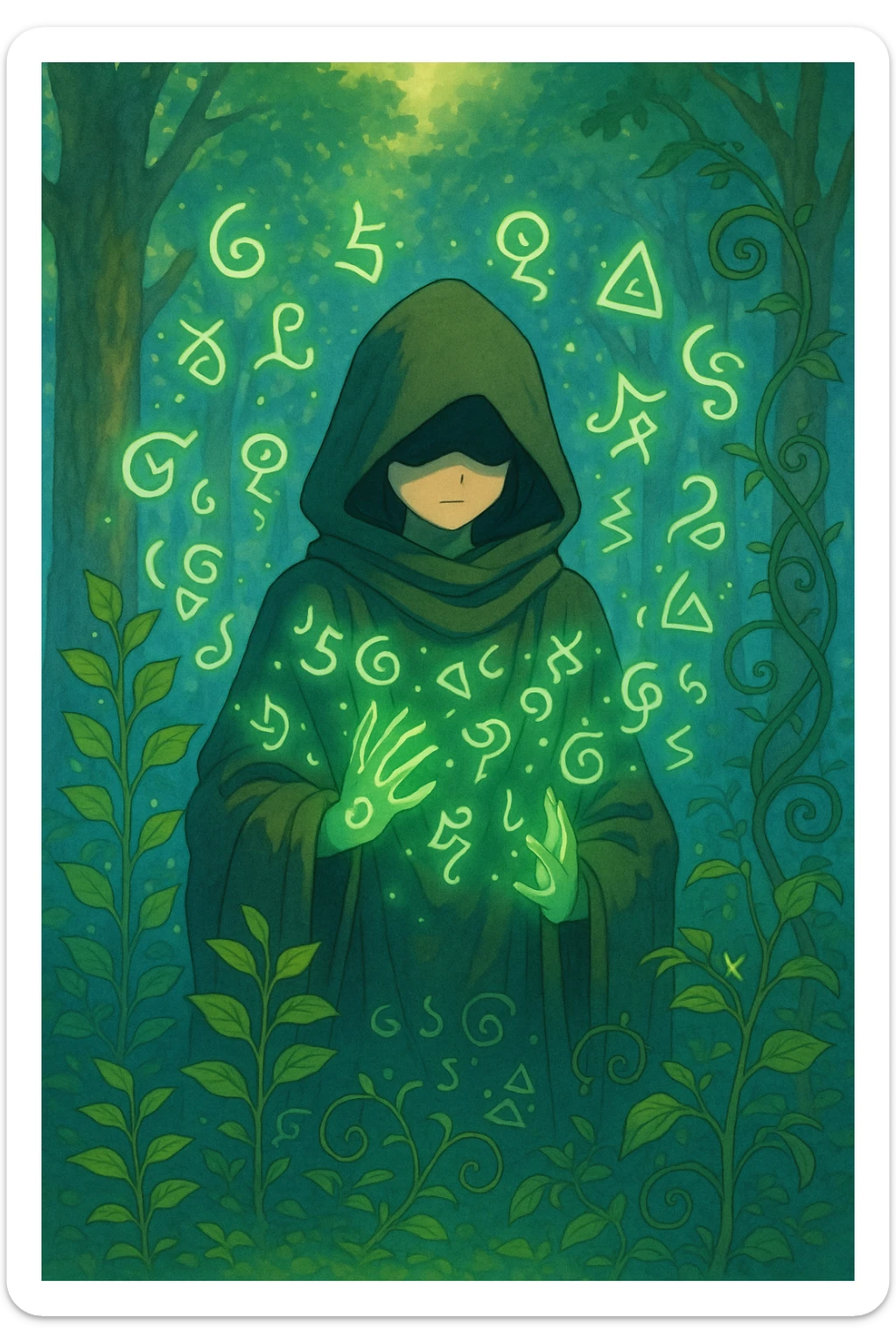 Add glowing magical runes floating around the hooded figure's hands in the ghibli style. sticker