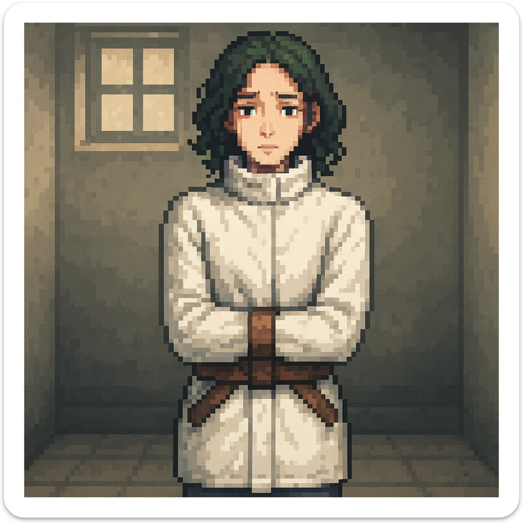 Add a simple room background to the woman in a straitjacket in pixel art style. Use the general style editor to emulate pixel art style with blocky pixels and limited color palette. sticker