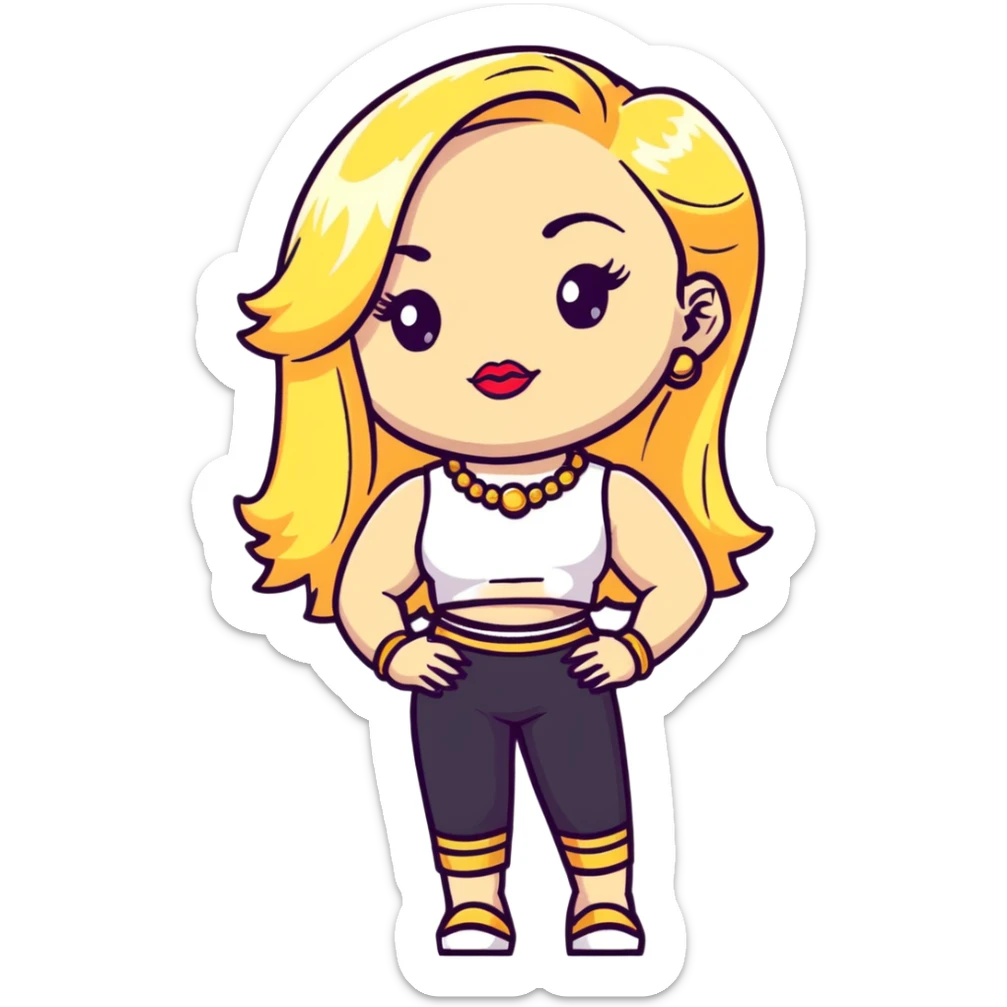 Full body white teenage girl with blonde hair, heavy makeup, big lips, crop top, gold jewelry and flashy choni style outfit sticker