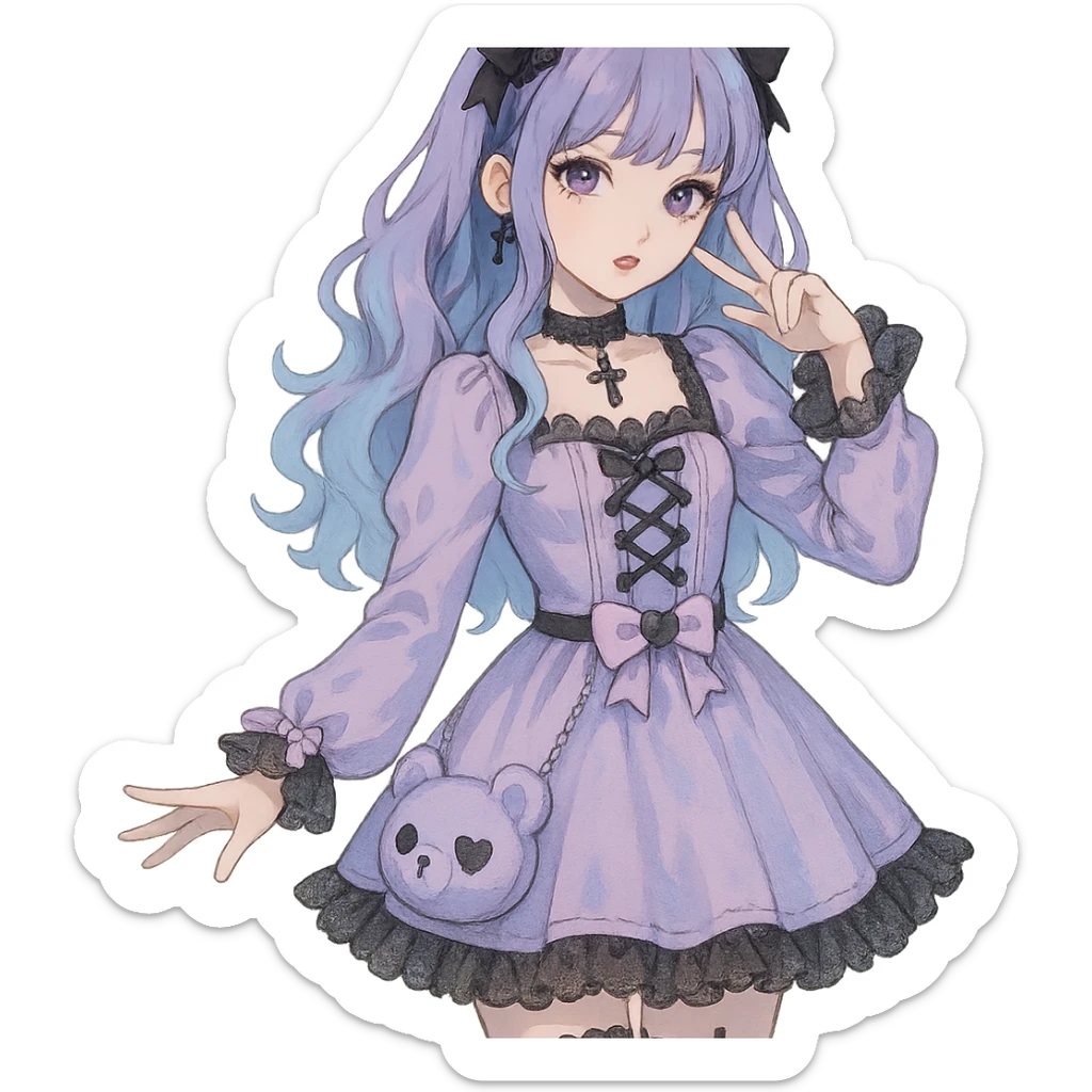 gothic K-pop girl, dreamy pastel goth style, soft colors with gothic details, whimsical pose, cute accessories sticker