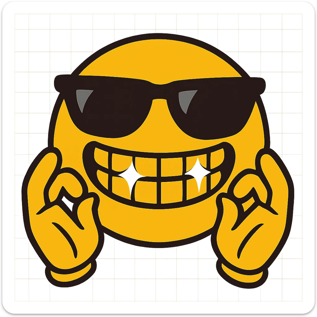 yellow emoji with sunglasses, hands up, fingers rubbing together, huge smile, sparkling grills sticker