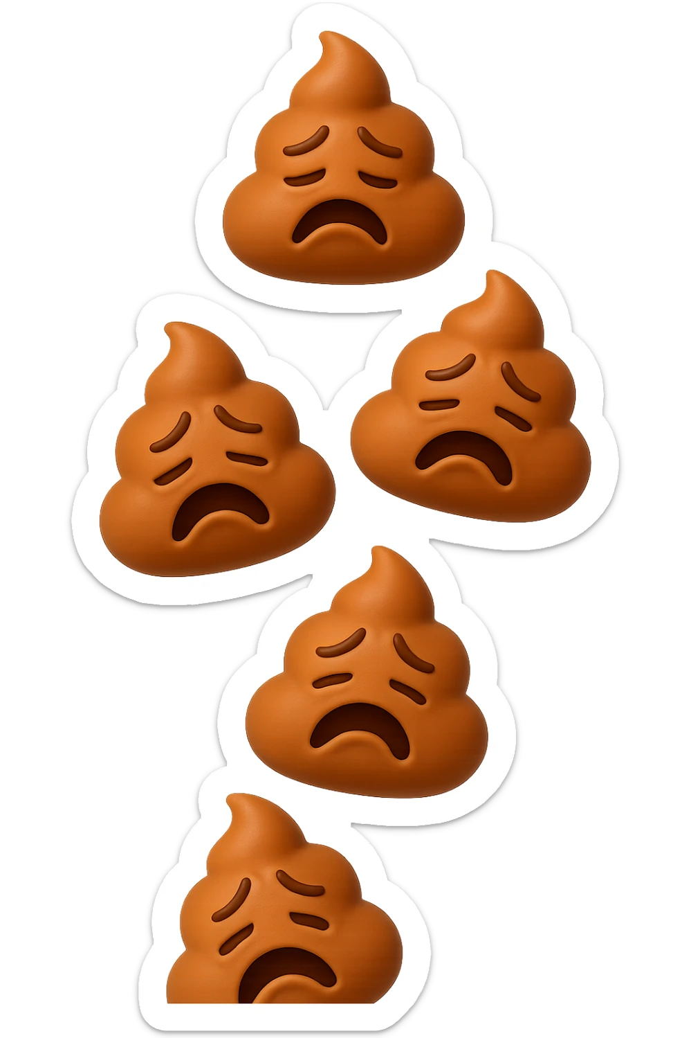 EMOJI STILE IPHONE 3D DI palline di cacca tristi che cadono dall'alto verticalmente, iperrealistico 4k sticker