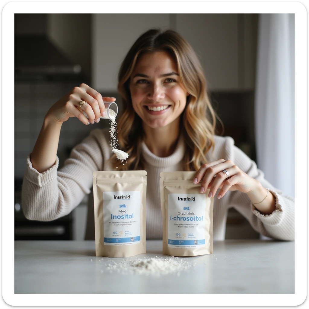 realistic photograph of a smiling woman in a domestic environment, customizing the use of Myo-Inositol and D-chiro-Inositol: two distinct packages with visible labels, dosing or mixing powders in a glass, positive atmosphere, natural light sticker